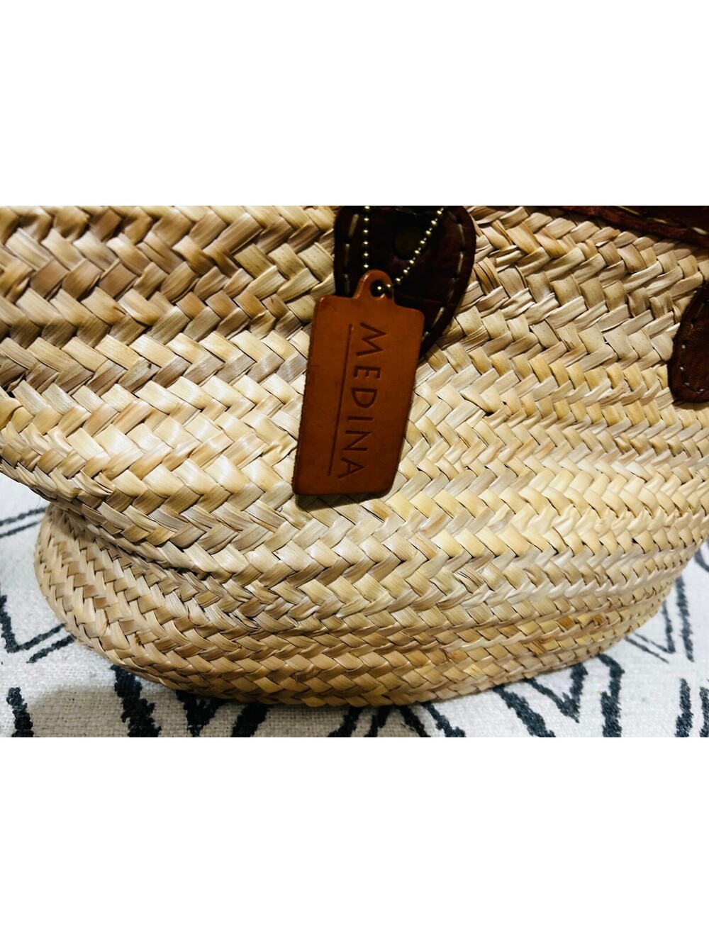 Medina Mercantile Woven Straw French Market Basket Leather Handle Tote AS IS - Picture 3 of 9